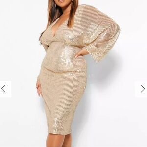 Boohoo Sequin Batwing Sleeves Midi Dress NWT